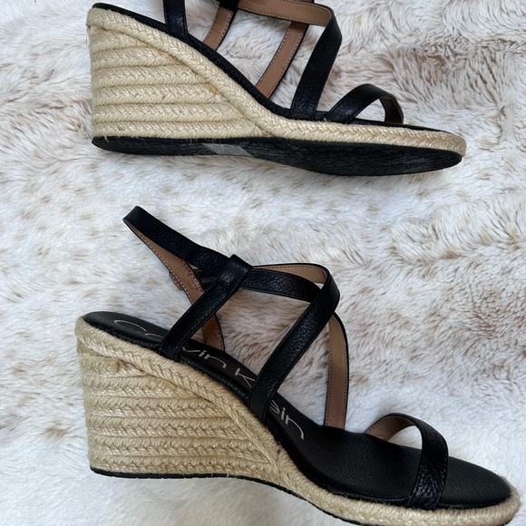Calvin Klein Black Espadrille Wedge Sandals Bellemine Pebble Grain - Picture 4 of 10